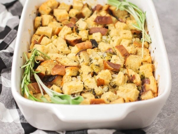 A baking dish of homemade stuffing.