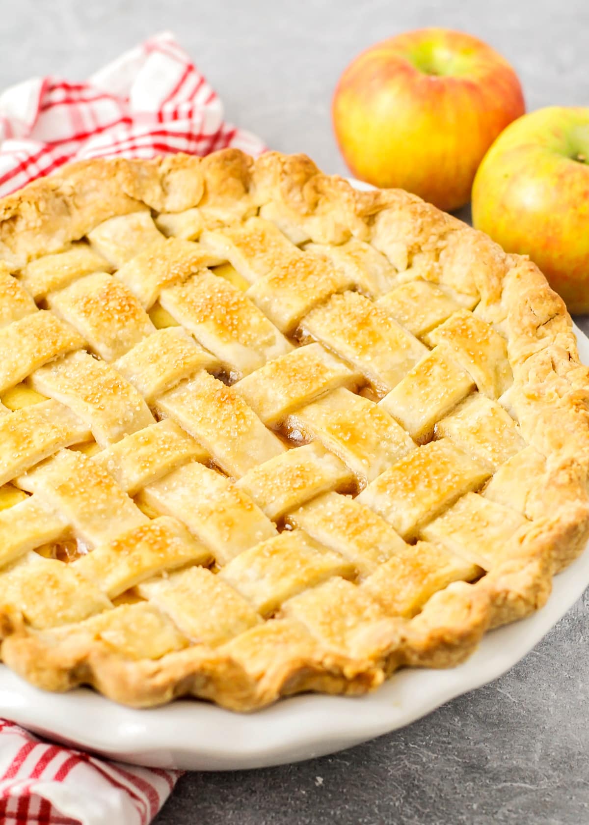 Close up of lattice top apple pie.