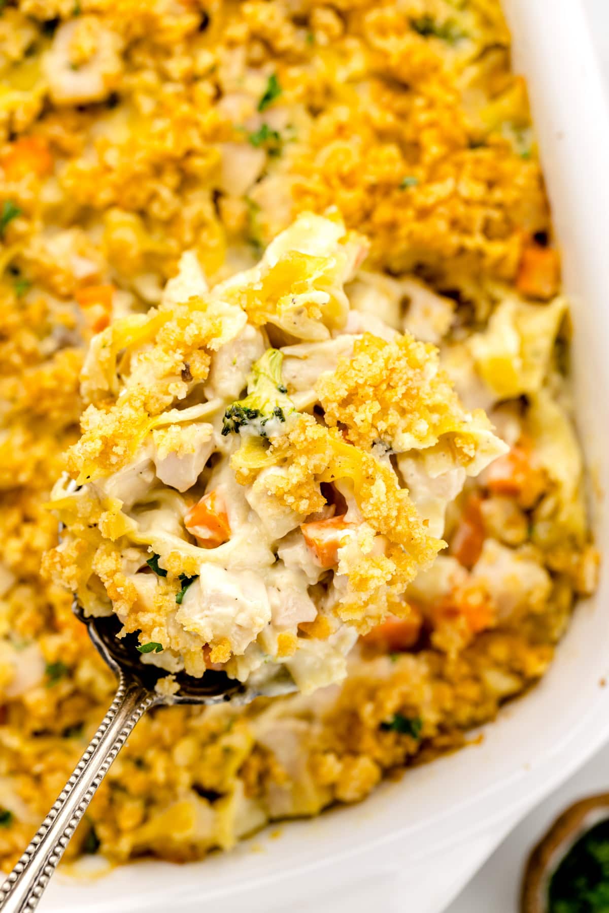 Close up of a scoop of chicken noodle casserole being pulled from a baking dish.