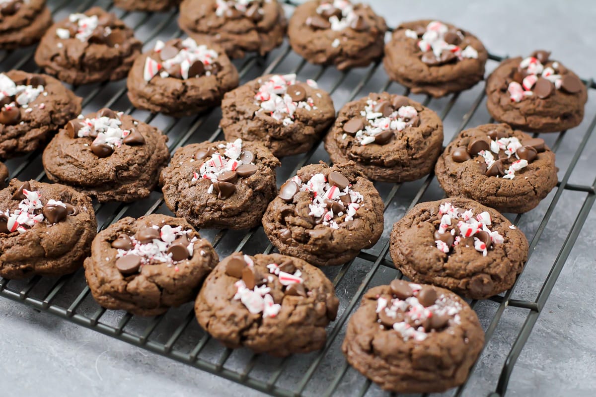 Chocolate cookies topped with candy cane crumbles.