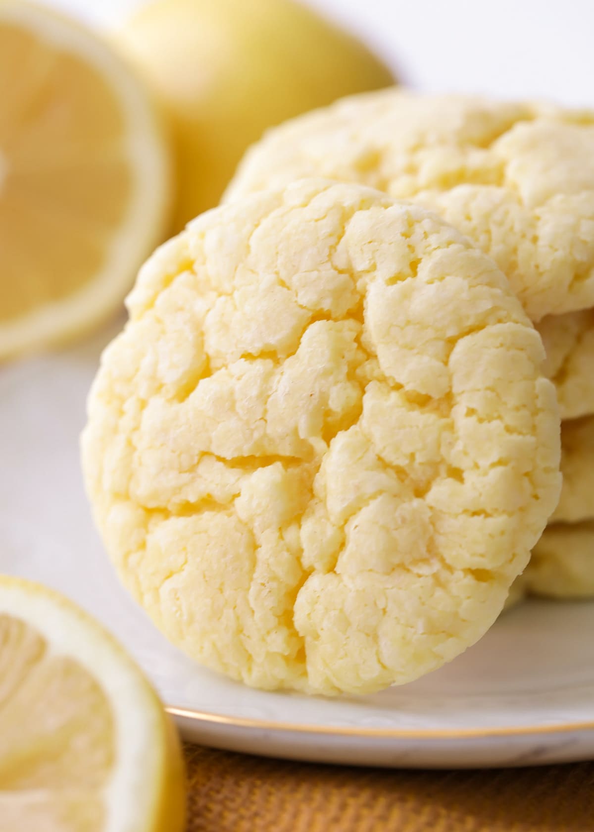 Close up of a stack of lemon cake mix cookies.