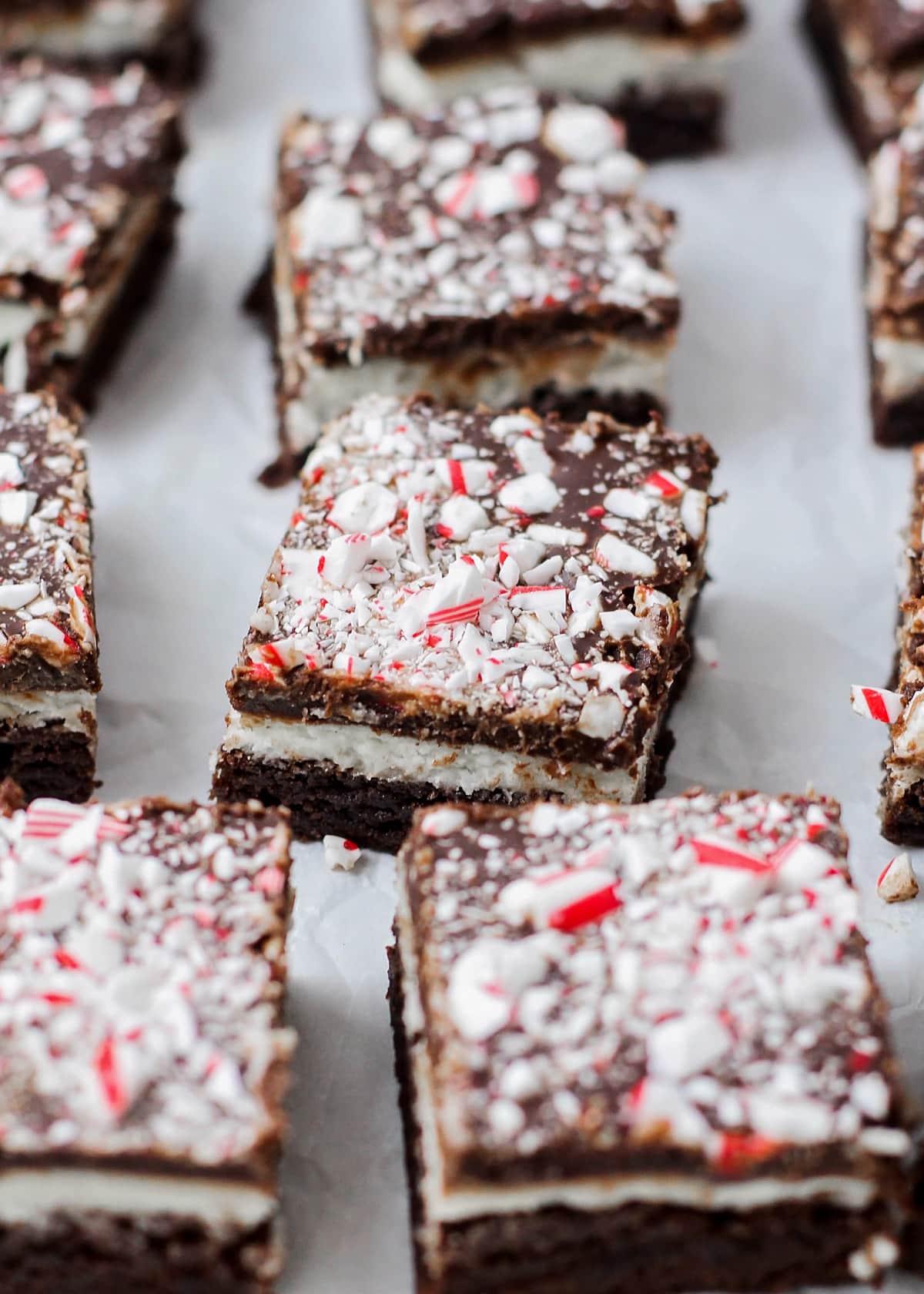 Close up of peppermint crumble topped peppermint brownies.