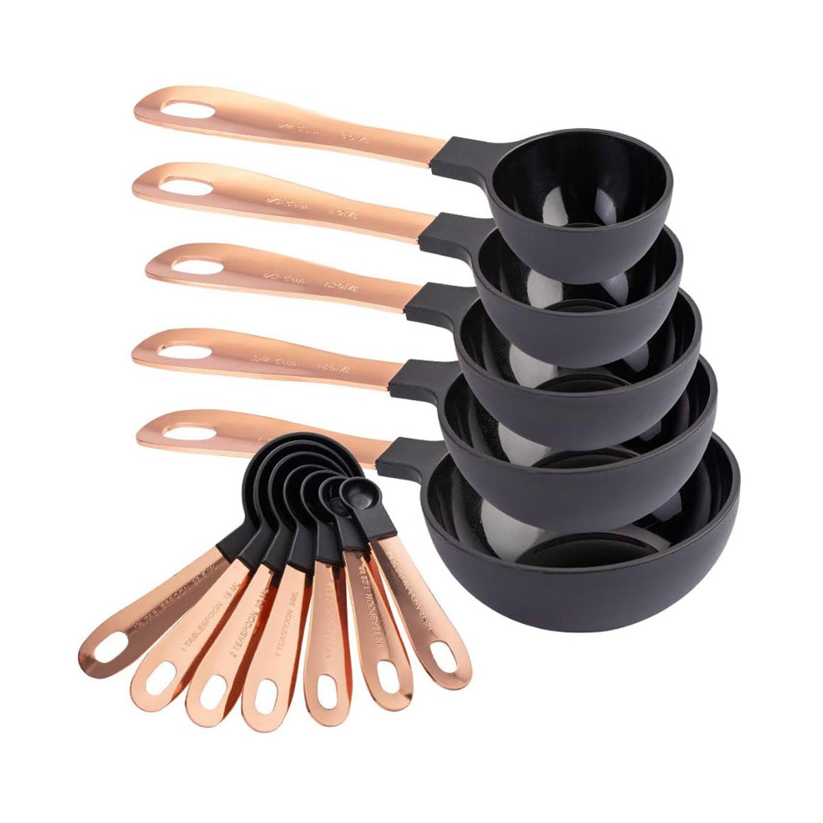 A set of black measuring cups and spoons.