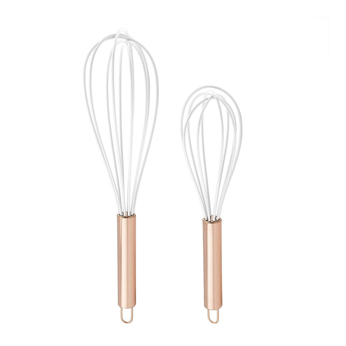 Two wire whisks with gold handles.
