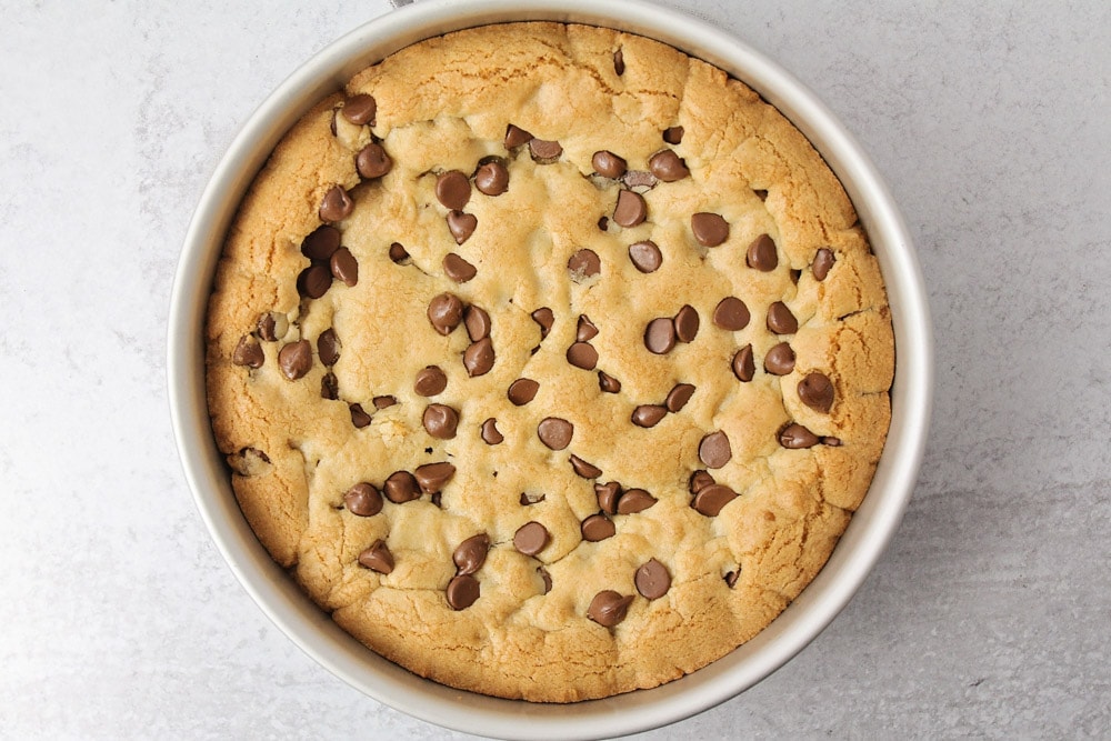 Cookie cake baked in cake pan.