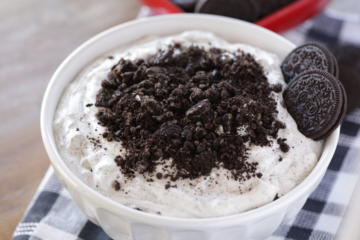 Oreo fluff topped with crushed oreo.