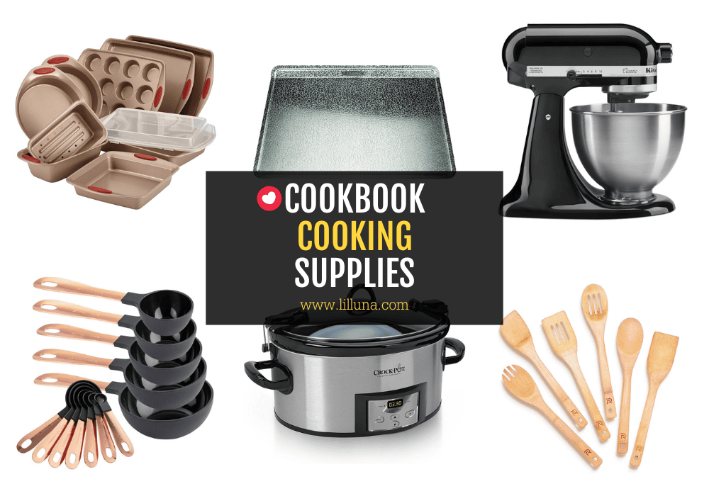 Collage of cookbook cooking supplies.