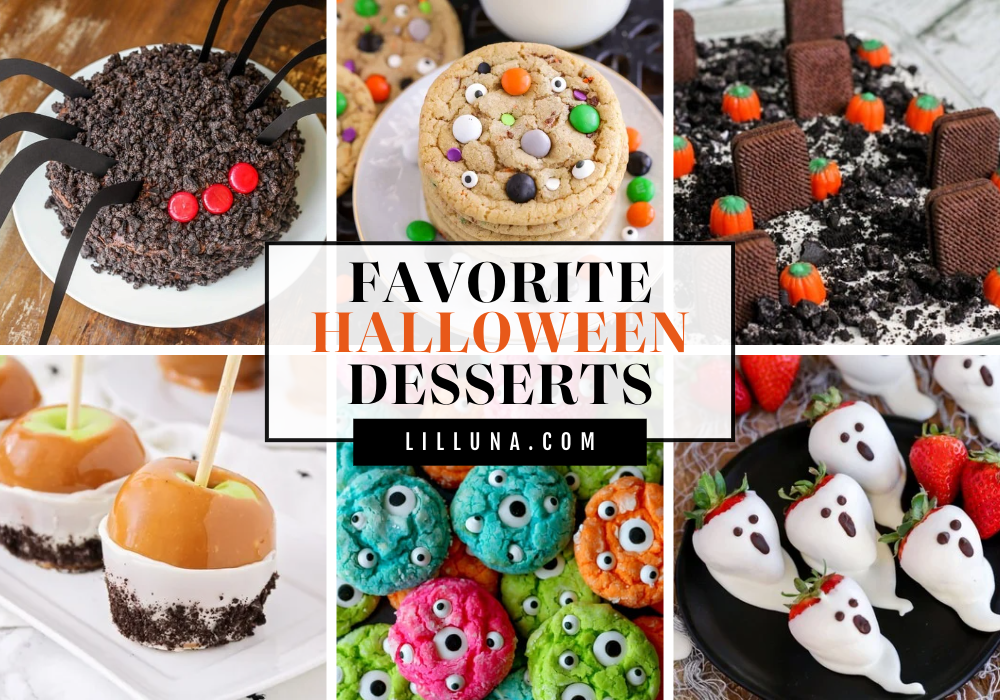 Collage of Halloween desserts.