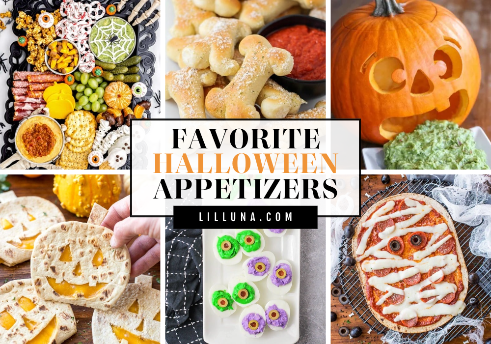 Collage of Halloween appetizer recipes.