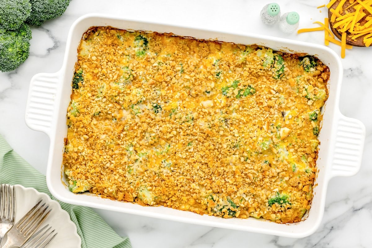 Close up of a broccoli cheese casserole.