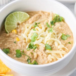 A bowl of chicken enchilada soup topped with fresh cilantro.
