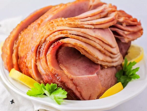 Crockpot Ham sliced and on platter.