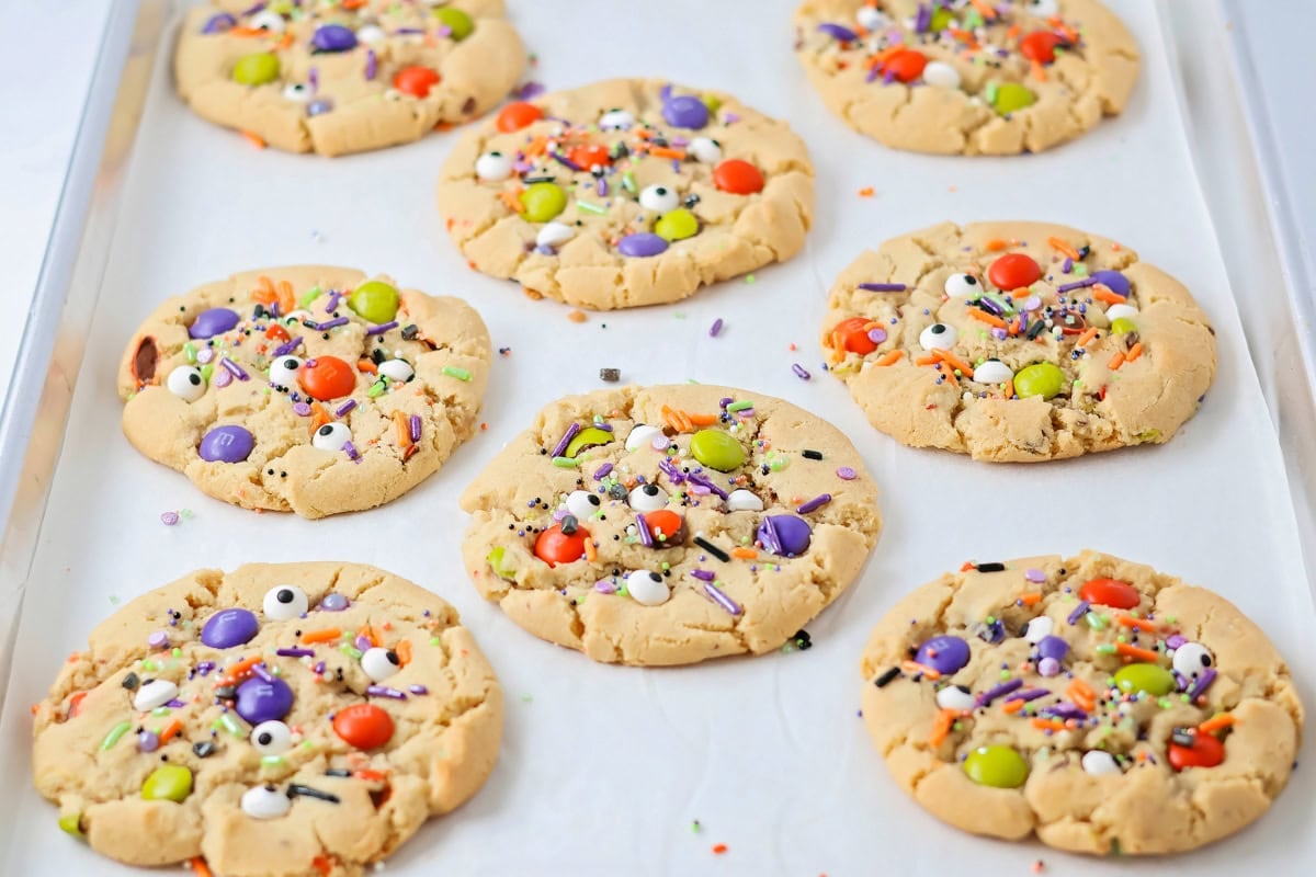 Halloween cookies recipe baked on cookie sheet.
