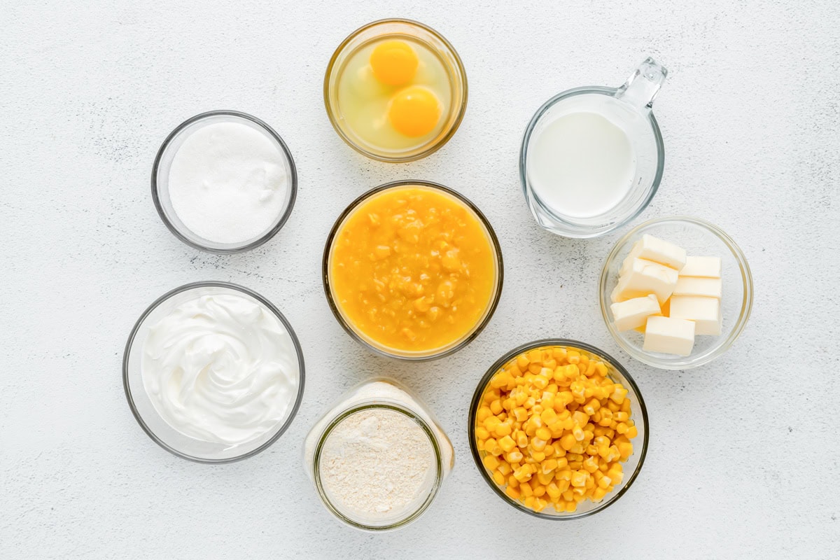 Ingredients for Jiffy Corn pudding on countertop.