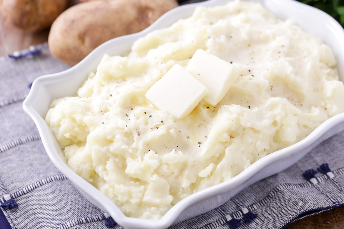 Mashed potatoes in serving dish.