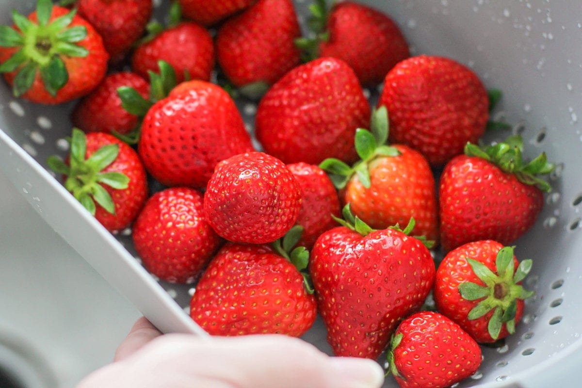 Strawberries washed in a colander.