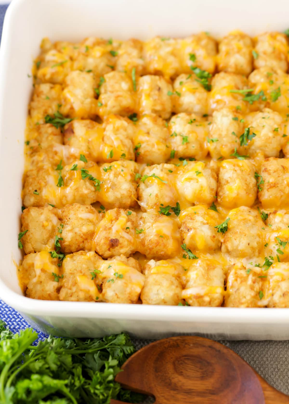 Close up of tater tot casserole topped with melted cheese.