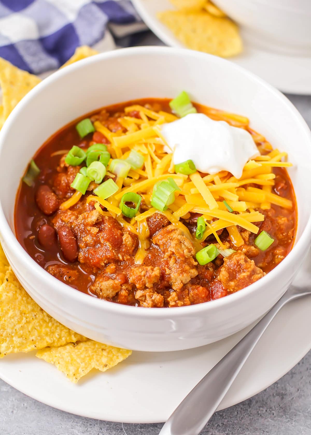 Close up of turkey chili in a bowl.