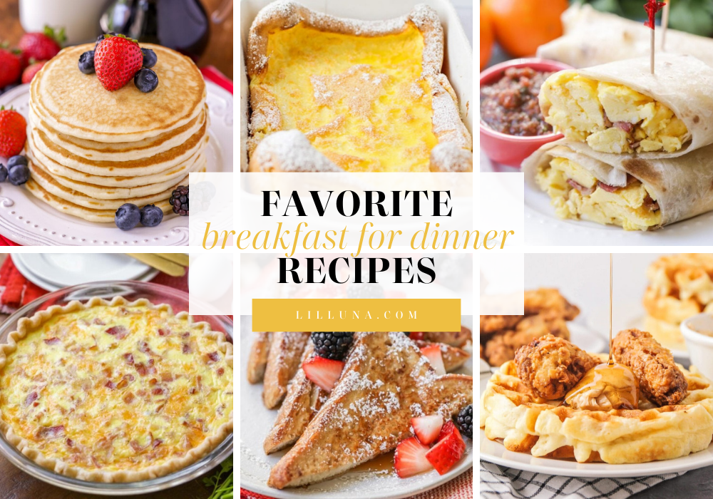 Collage of breakfast for dinner recipes.