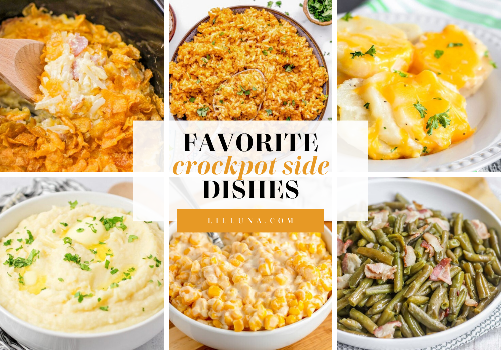 Collage of crockpot side dishes.