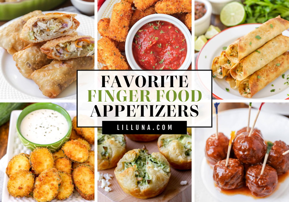 A collage of finger food appetizers.