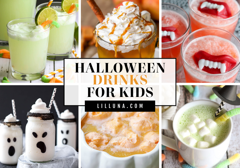 Collage of halloween drinks for kids.