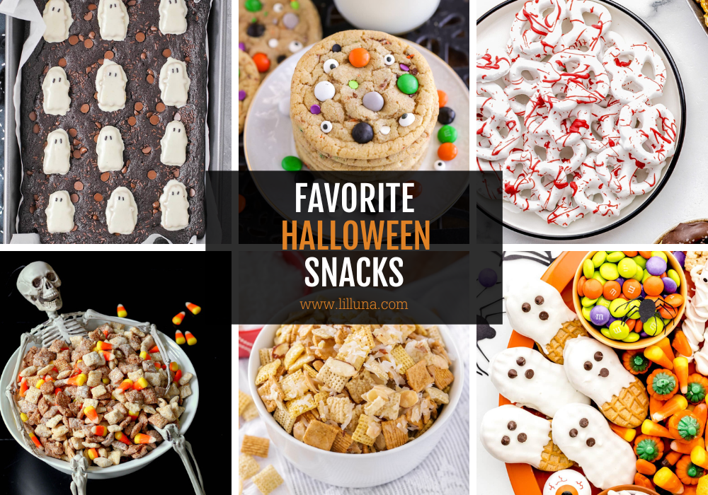Collage of Halloween snacks.