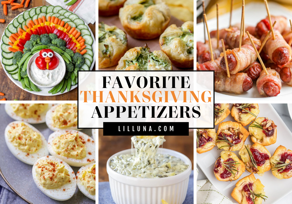 Collage of appetizer recipes for Thanksgiving.