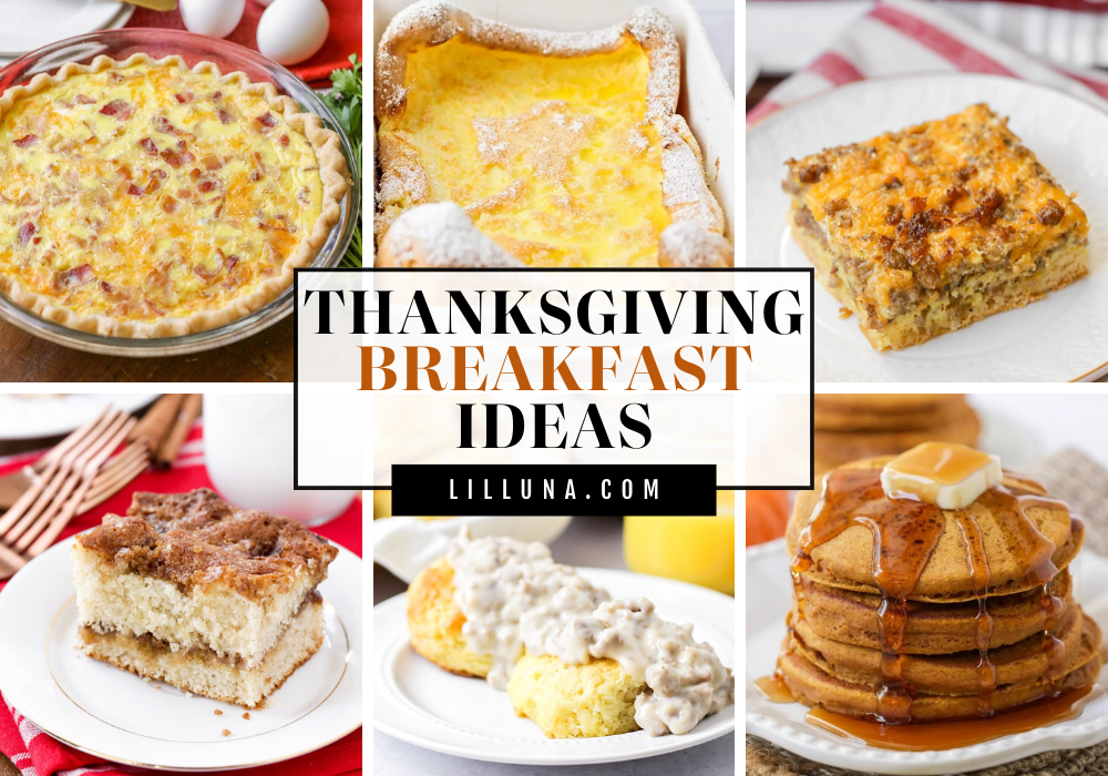 Collage of Thanksgiving breakfast side dishes.