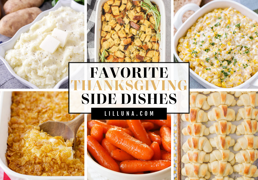 Collage of Thanksgiving side dishes.