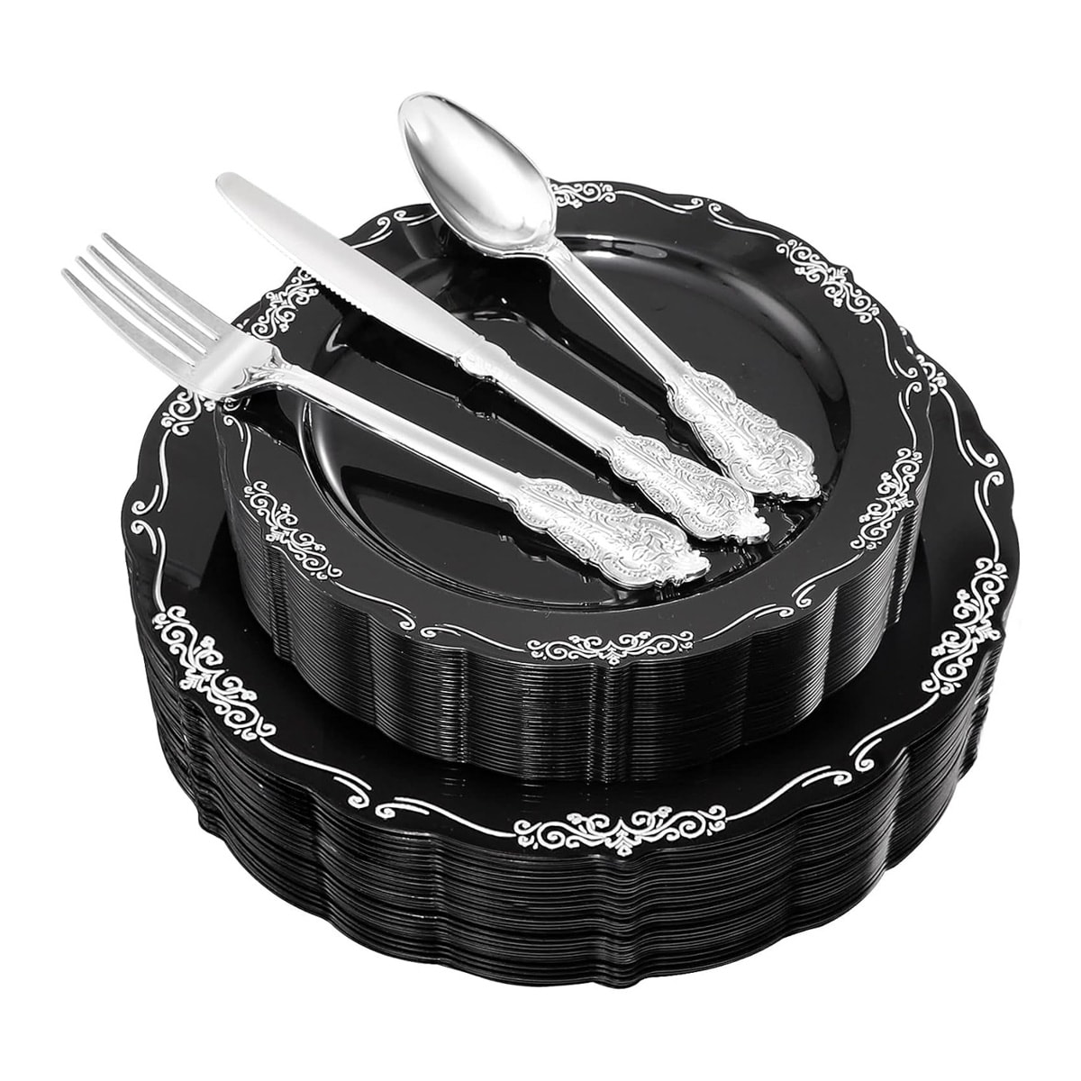 Black and silver disposable plates and silverware.