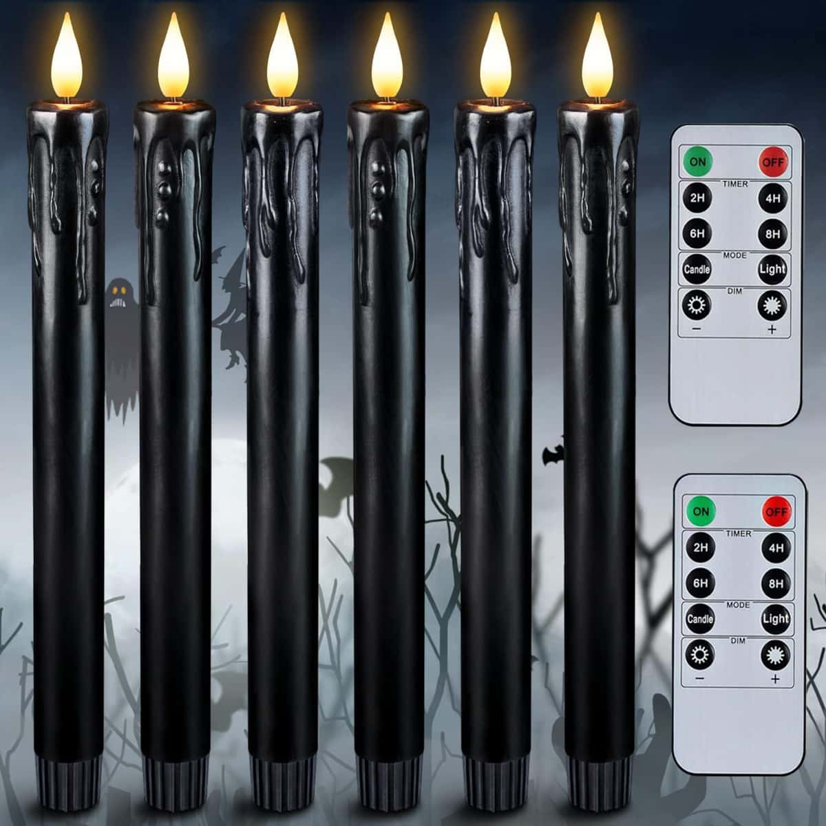 6 black flameless taper candles with remotes.