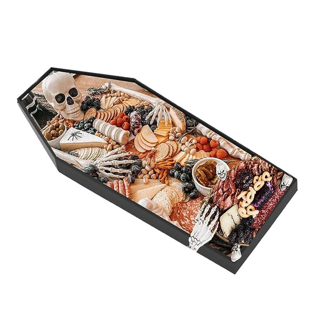 Coffin-shaped charcuterie board with various meats and cheeses.