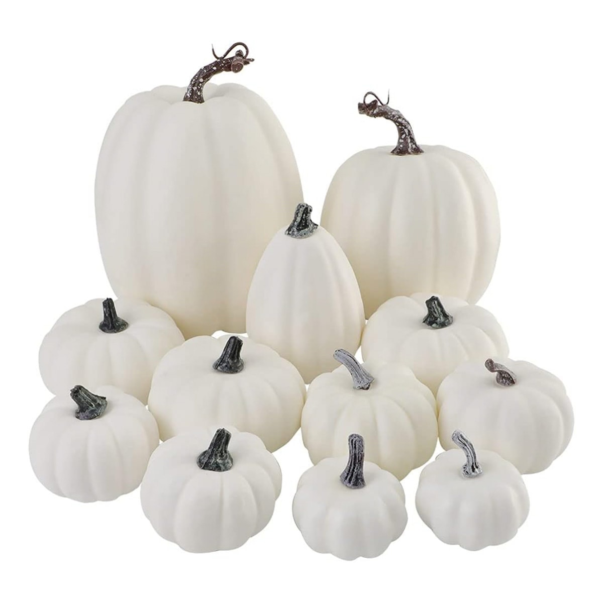 Multiple white faux pumpkins.