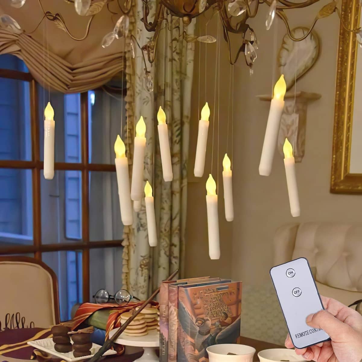 Floating candles over a dining room table.