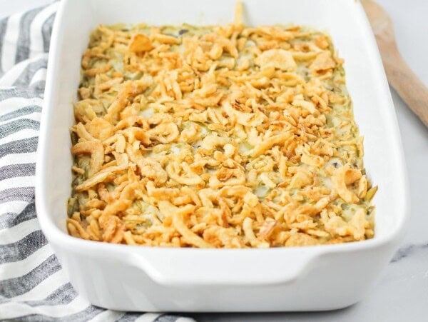 Easy green bean casserole in baking dish.