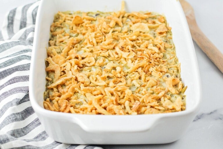 Easy green bean casserole in baking dish.