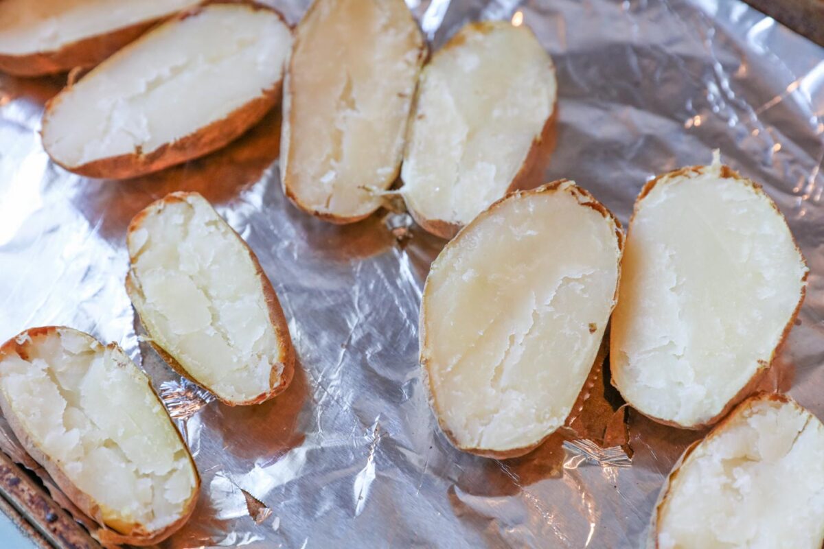 Baked potatoes cut in half.