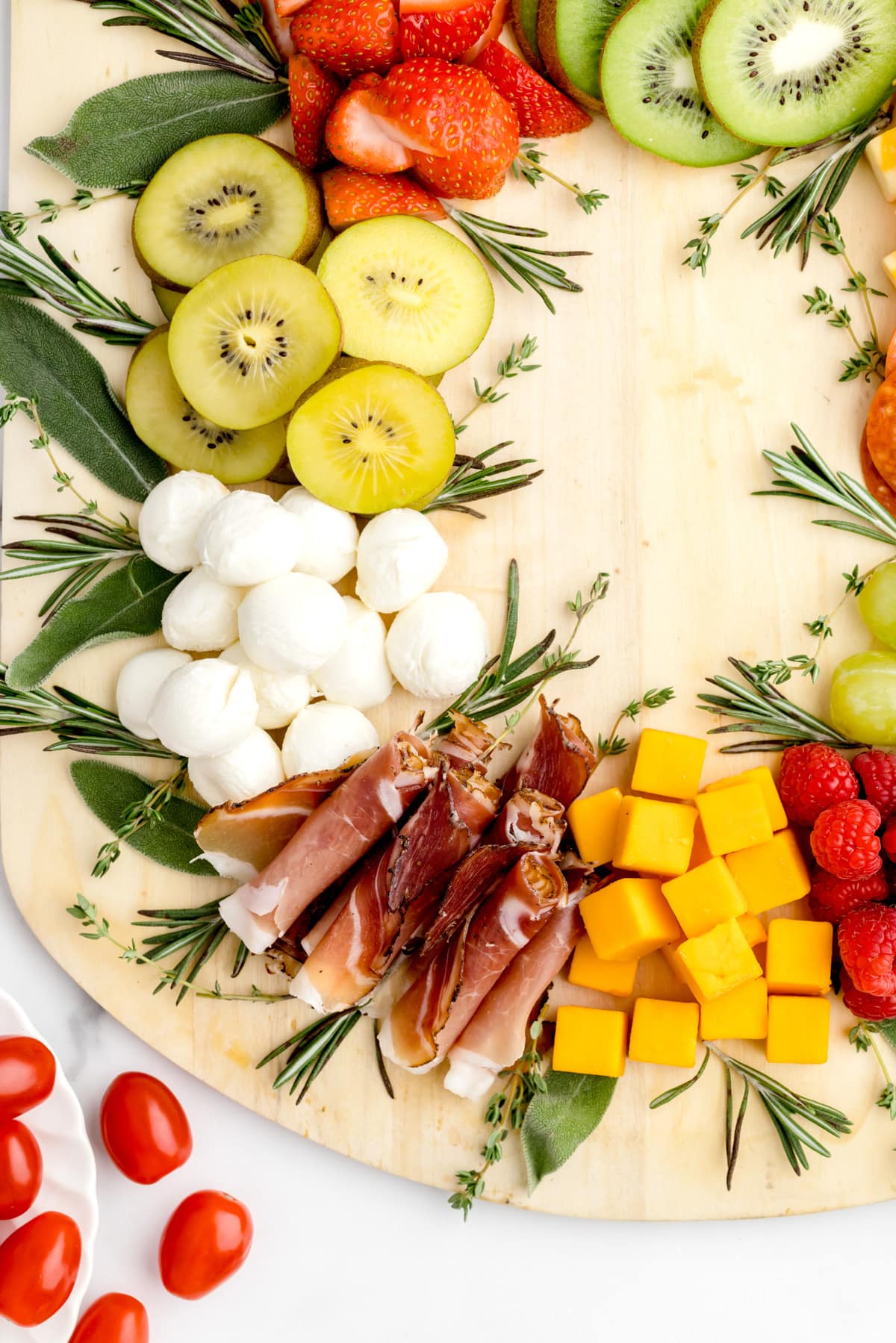 Close up image of fun on Christmas charcuterie board.