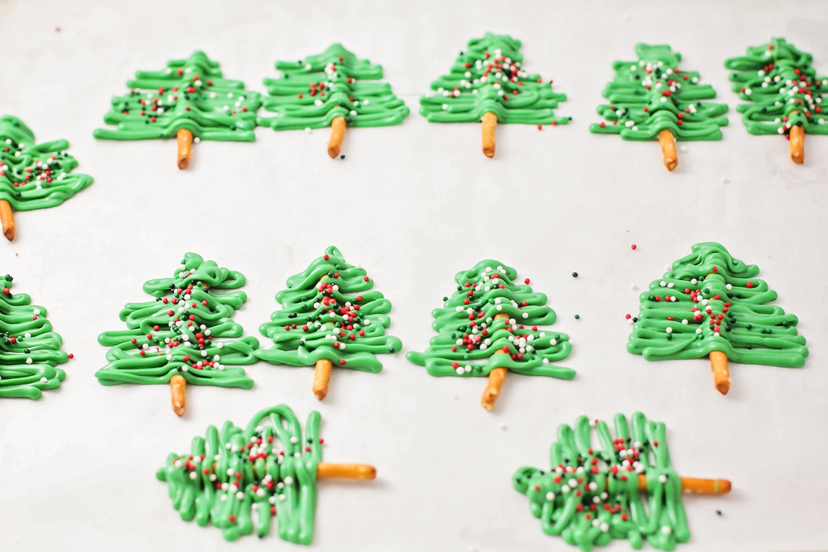 Candy melt trees for on a parchment lined baking sheet.