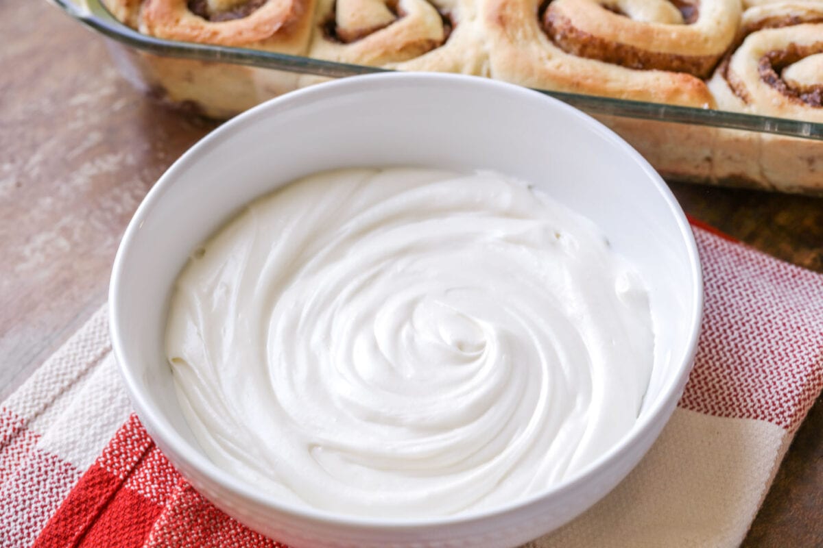 Cinnamon Roll icing in a white bowl.