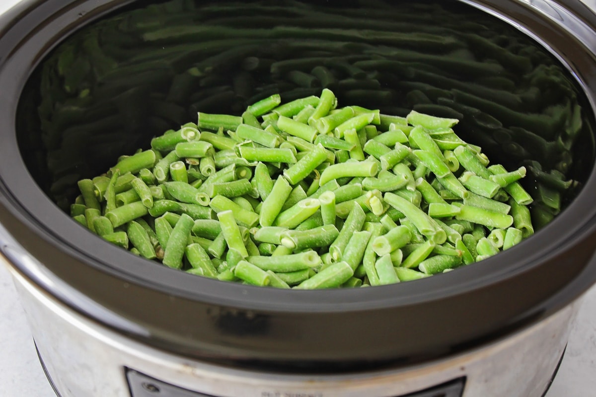 Frozen green beans in the slow cooker.
