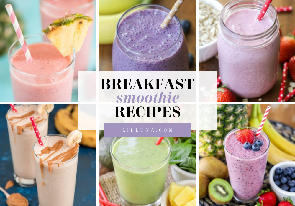 Collage of breakfast smoothie recipes.
