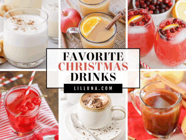 Collage of non-alcoholic Christmas drink recipes for kids and adults.