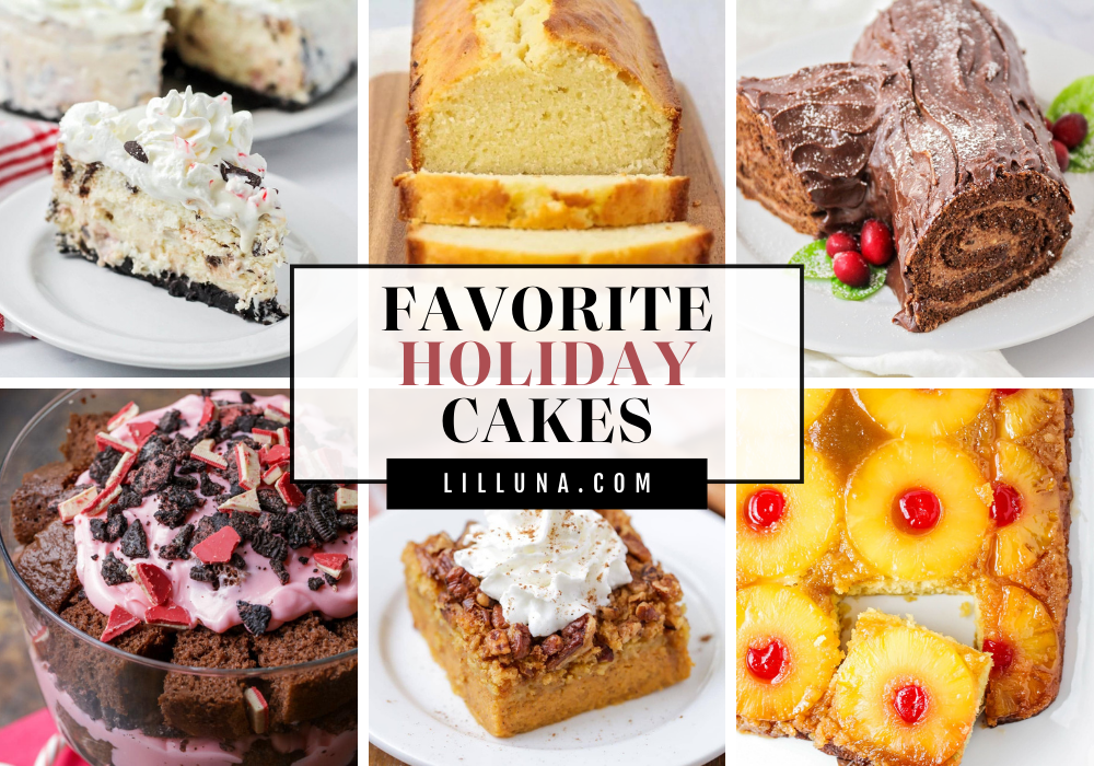 Collage of holiday cake recipes.