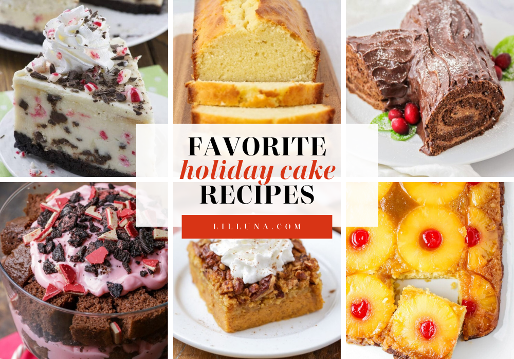 Collage of various holiday cake recipes.