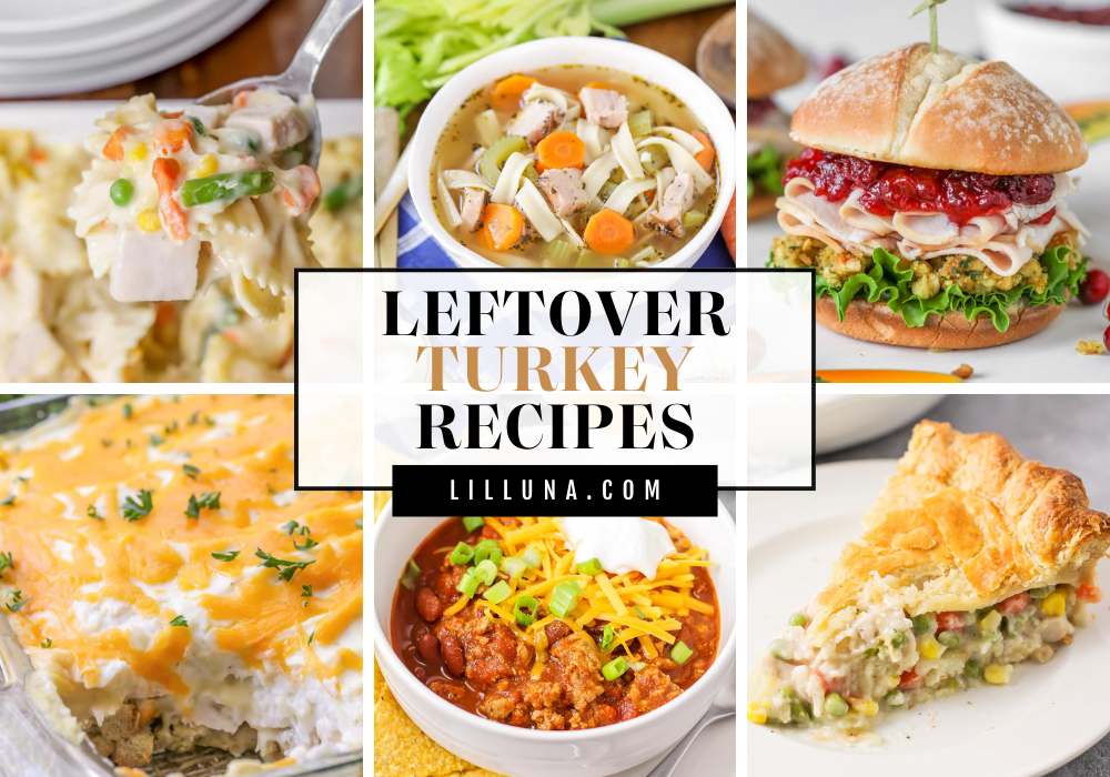 Collage of leftover turkey recipes.