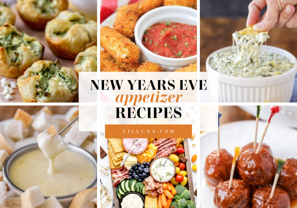 Collage of New Years Eve appetizer recipes.