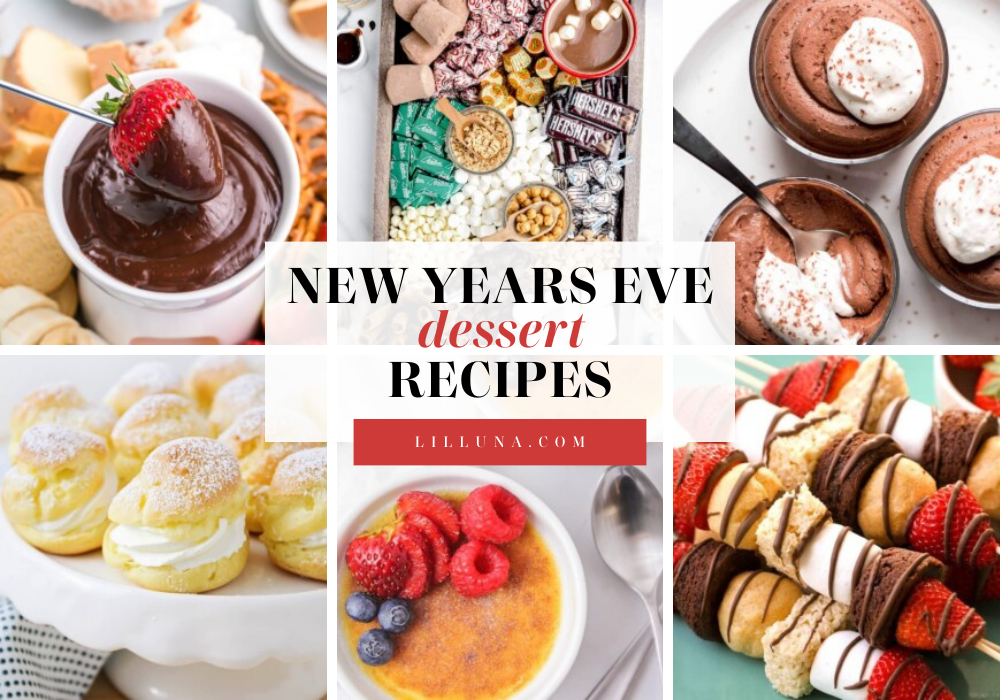 Collage of New Year's Eve dessert recipes.