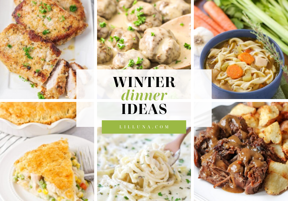 Collage of winter dinner ideas.